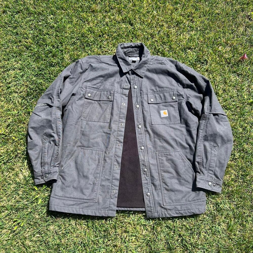 Carhartt work jacket button up construction gray lined mens size L
